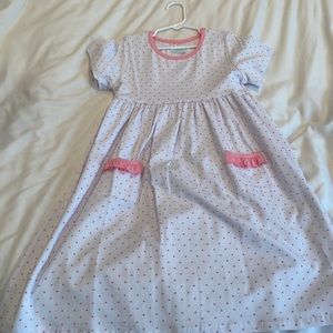 Stitchy Fish white dress with pink polka dots